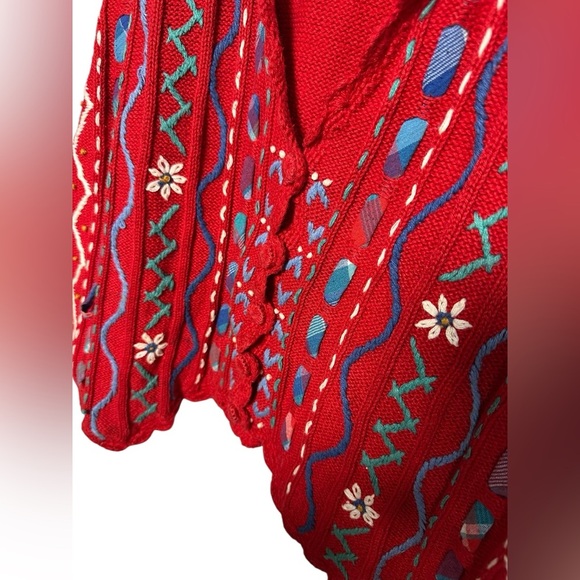 Vintage 90s Womens Large Embroidered Flower Striped Sweater Vest Red Grandmacore - Picture 2 of 4